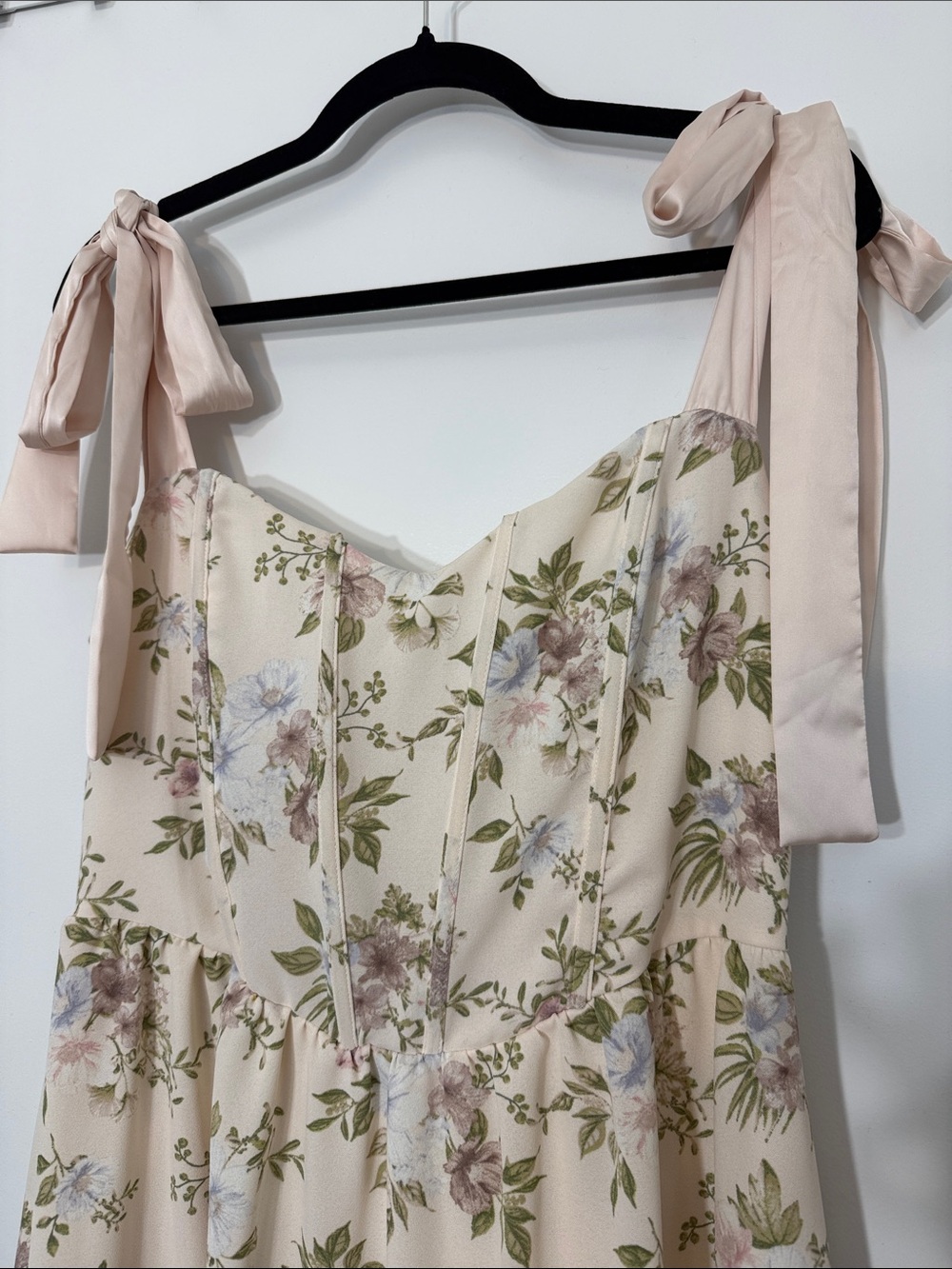 Women's Cream Floral Midi Dress with Tie Straps - Picture 4 of 7